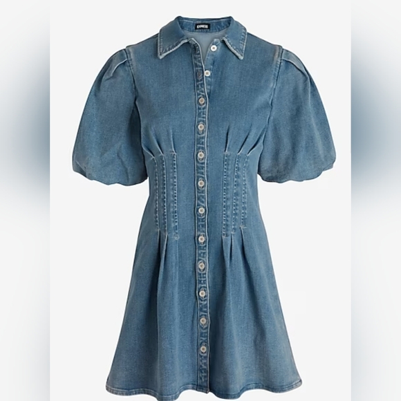 Express Dresses & Skirts - Denim Puff Sleeve Corset Button Up Mini Shirt Dress Medium Wash